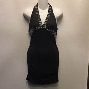 Black beaded bodycon club mini halter dress